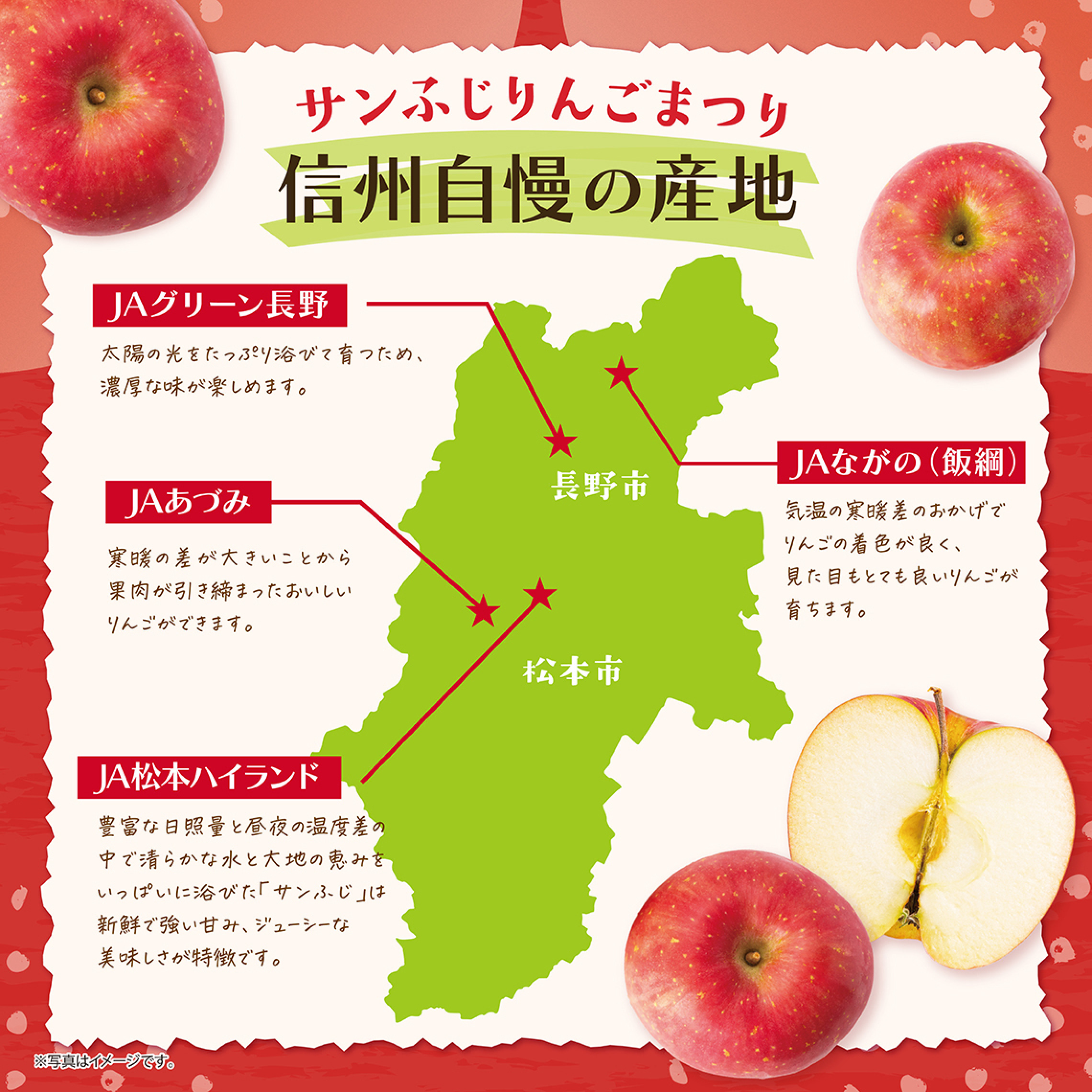 サンふじりんごまつり 信州自慢の産地。長野県の地図に4つの産地の位置と特徴を示しています